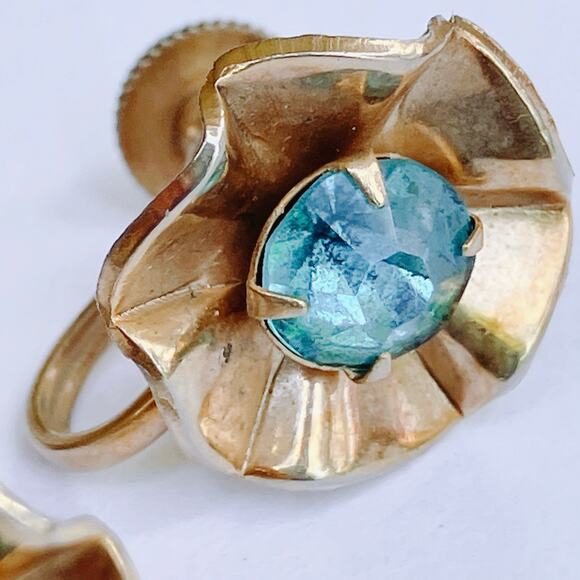 Mid Century Gold Tone Brooch Earrings Set Aqua Glass Rhinestone Floral 1940s - Picture 8 of 12